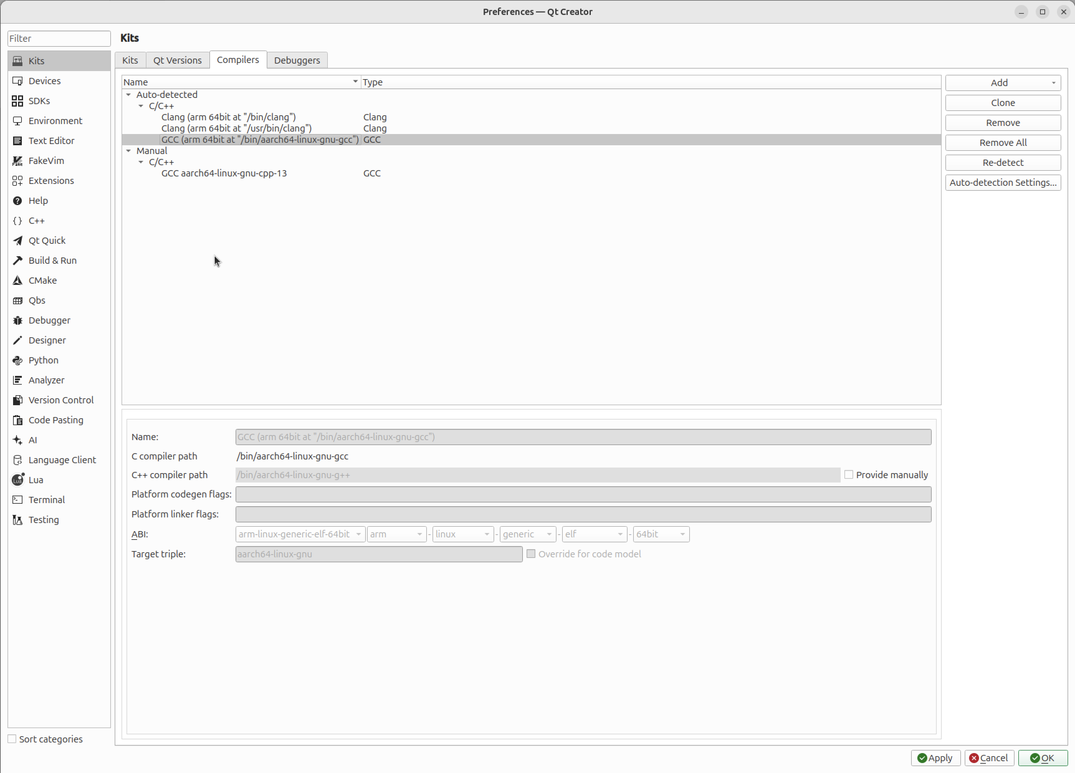 QtCreator preferences compilers