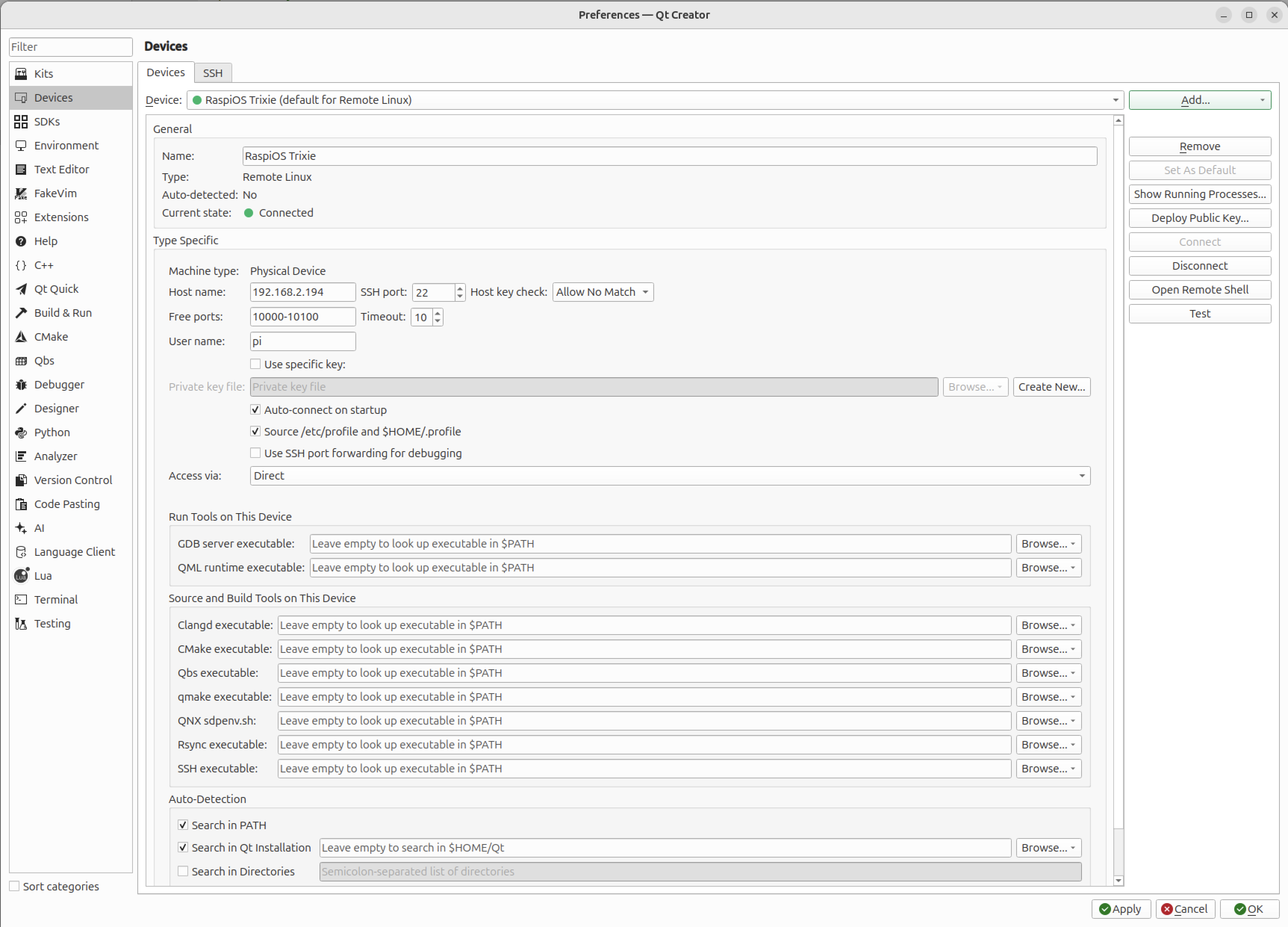 QtCreator preferences devices