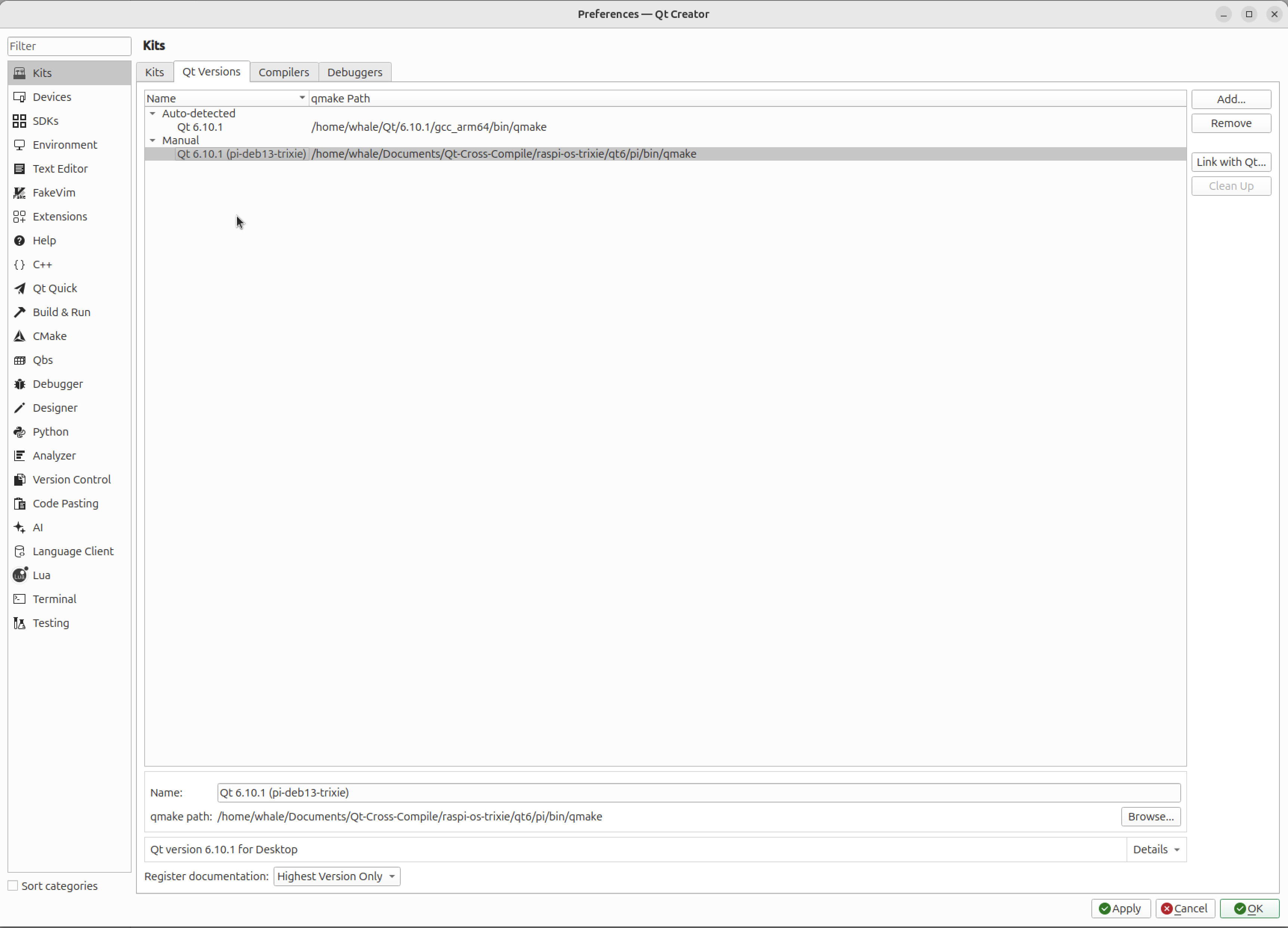 QtCreator preferences Qt versions