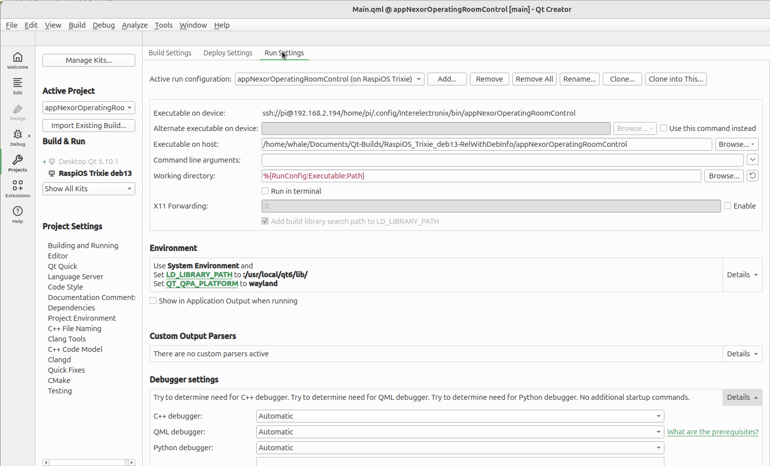 QtCreator run settings