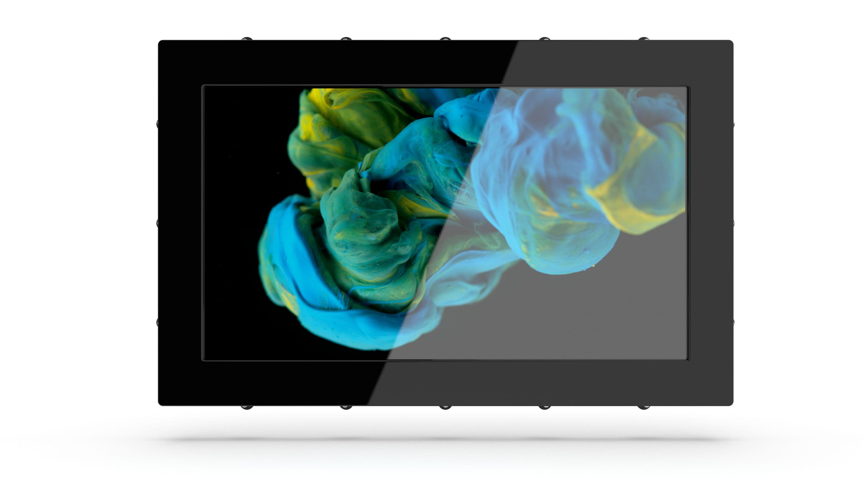 Tuis - Industrial Monitor 'n swart tablet met 'n skerm wat blou en geel verf toon