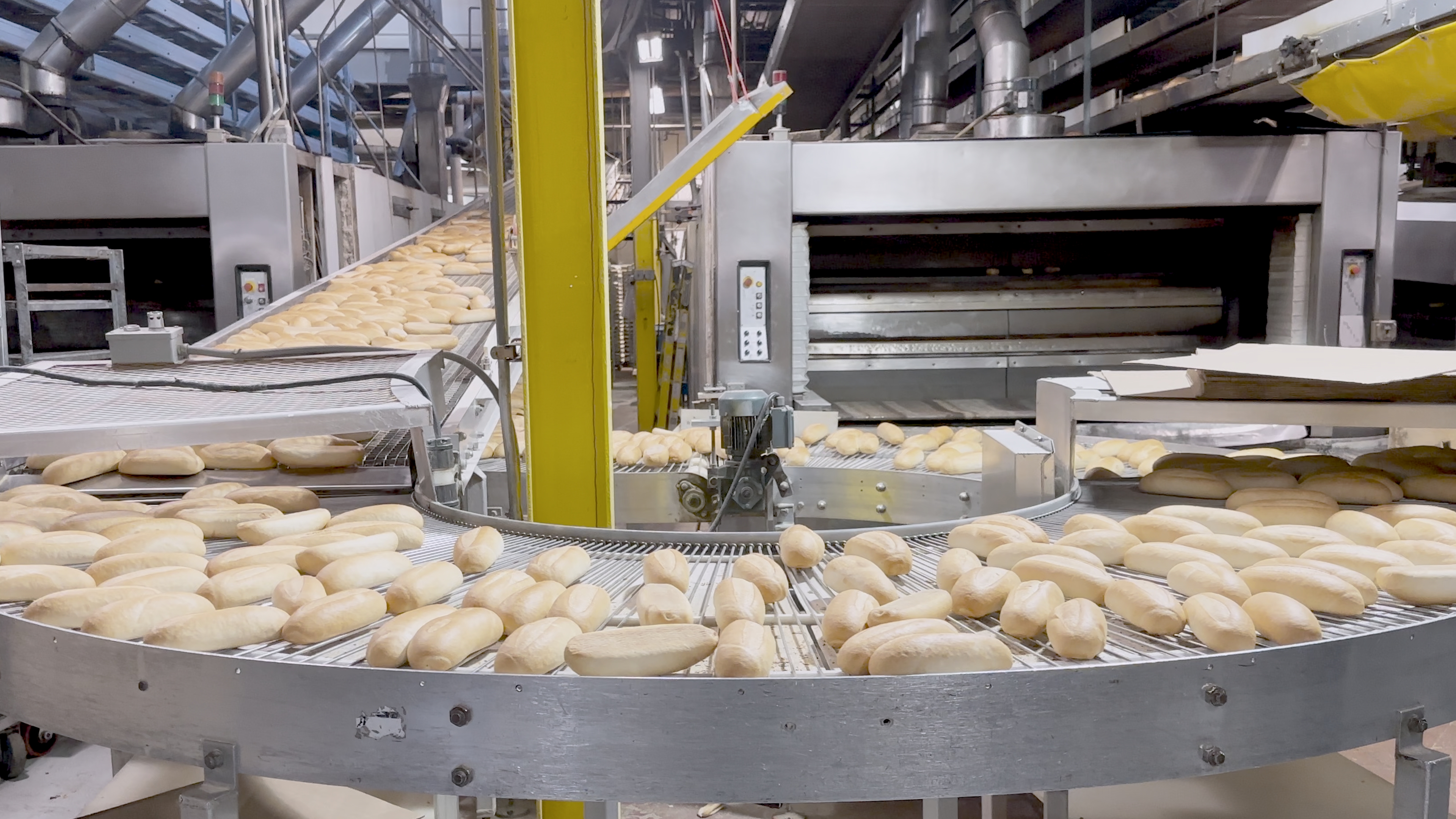 Touchscreen-Lösung für die Hochtemperaturverarbeitung von Lebensmitteln ein Förderband mit Brot darauf