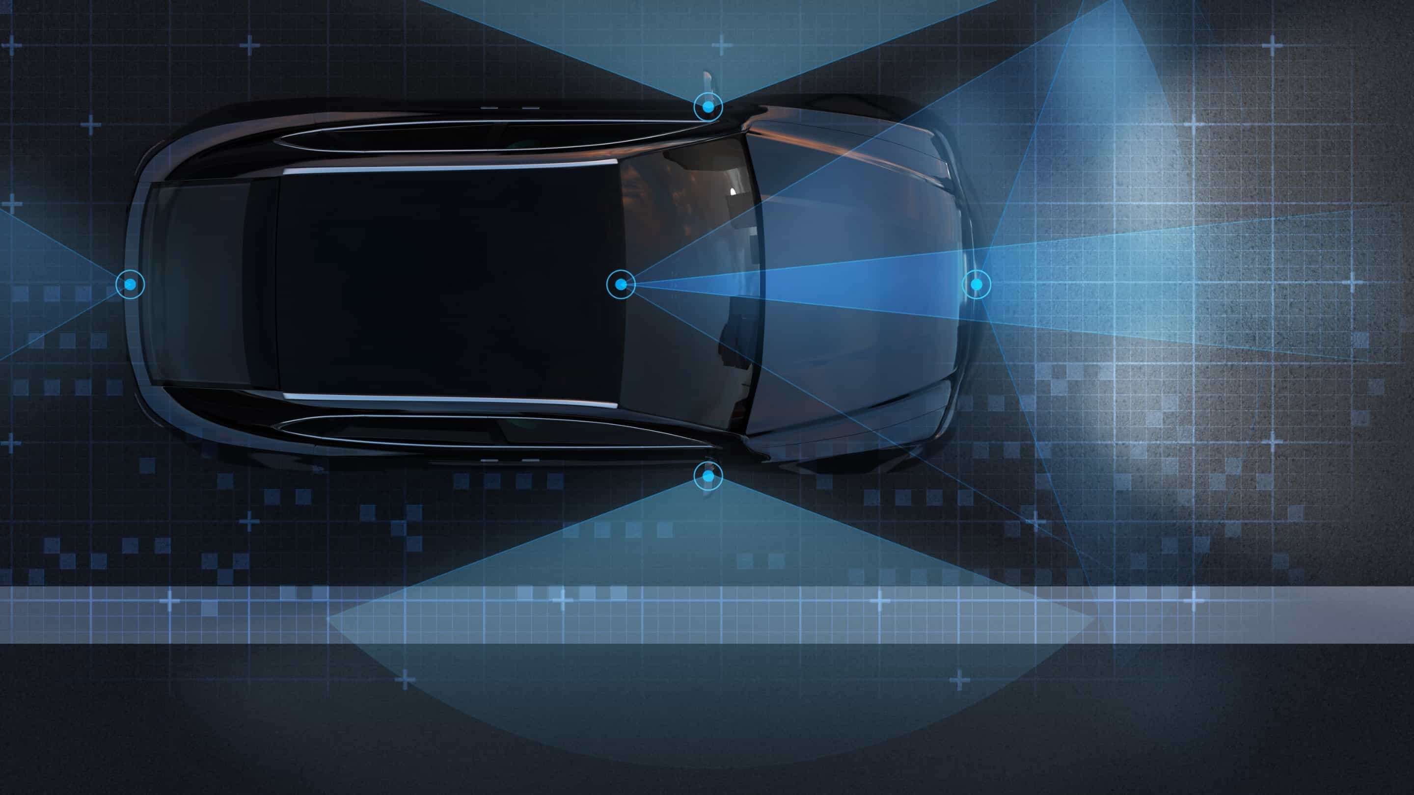 Impactinator® Glas - Lidarsensor skyddsglas en bil med blå linjer och prickar
