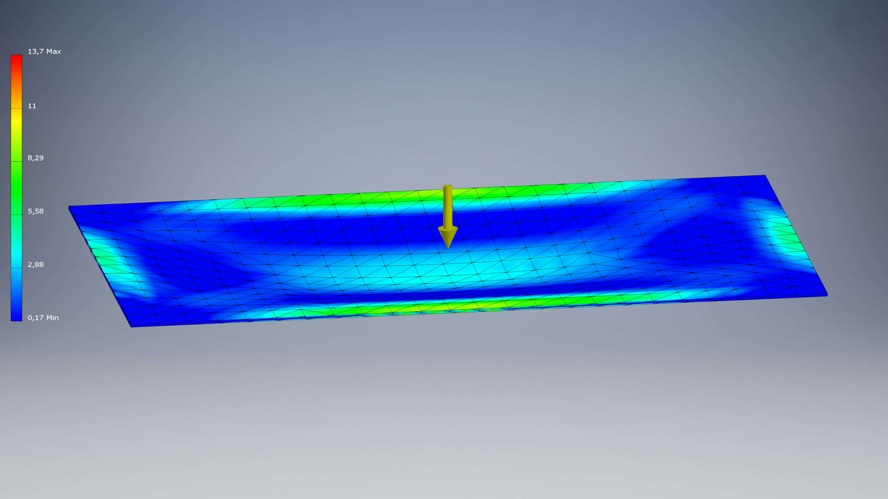 Impactinator® ガラス - ガラス FEM 黄色の矢印が指す青と緑の長方形のオブジェクトを解析する