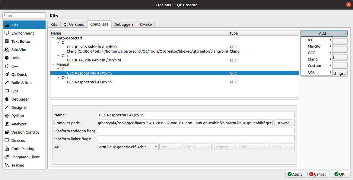 QtCreator Compiler Configuration