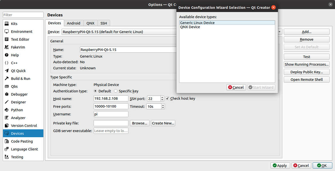 QtCreator Device Configuration