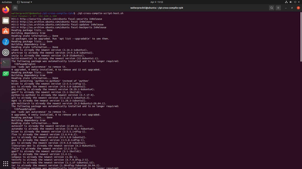 Indlejret software - Qt krydskompilering setup scripts til Raspberry Pi 4 et skærmbillede af et computerprogram